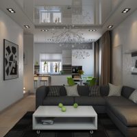 Modernaus stiliaus gyvenamojo kambario be langų dizainas