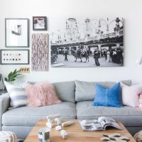 Large black and white photo on the living room wall
