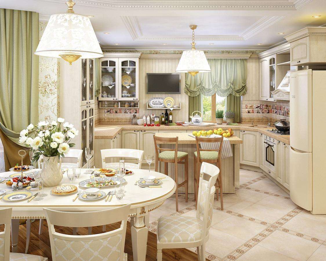 Interieur ontwerp keuken-woonkamer in een rustieke stijl