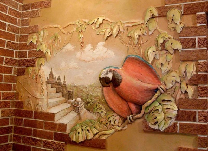 Photo volumétrique avec un perroquet sur le mur du couloir