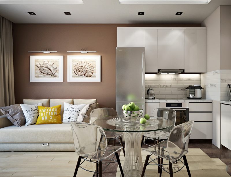 Прозрачни мебели в интериора на кухнята-хол с площ от 18 кв.м.
