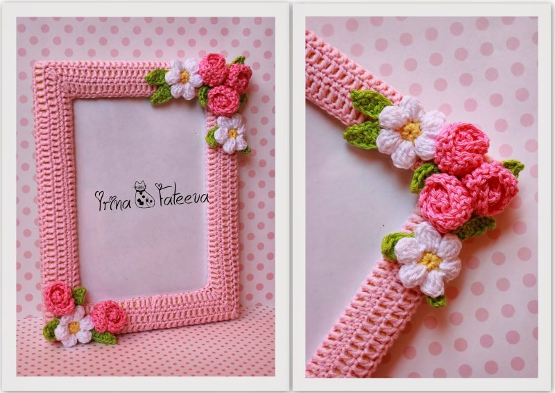 Cadre photo tricoté à partir de fils roses avec des fleurs