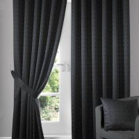 Window with dark gray straight-cut curtains