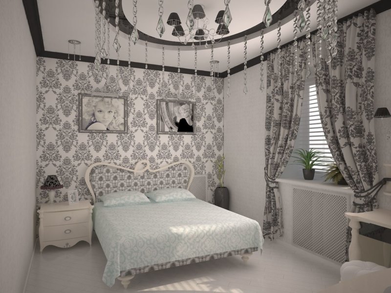 Стенна декорация с картини в спалнята със сиви завеси
