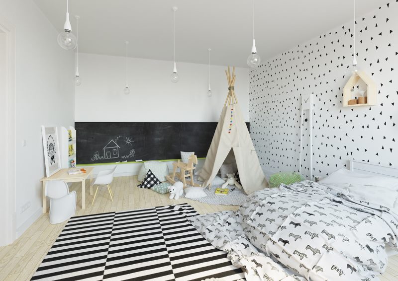 Intérieur d'une chambre d'enfants dans une maison de campagne de style scandinave