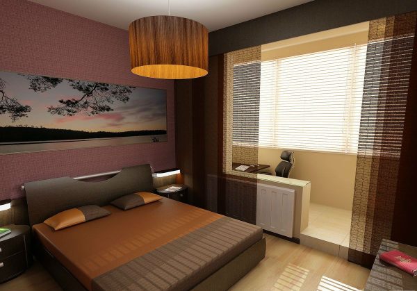 Design della camera da letto con balcone nei caldi toni del marrone