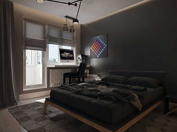 La camera da letto combinata con una loggia in tonalità scure