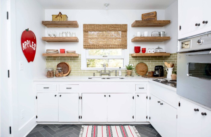 Kitchen design with open shelves.
