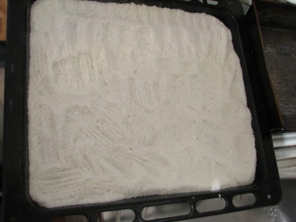 Voeg zout toe aan de bakplaat en bak ongeveer 20 minuten in de oven - het elimineert geuren perfect