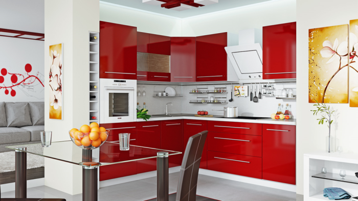 Set de cuisine brillant rouge.