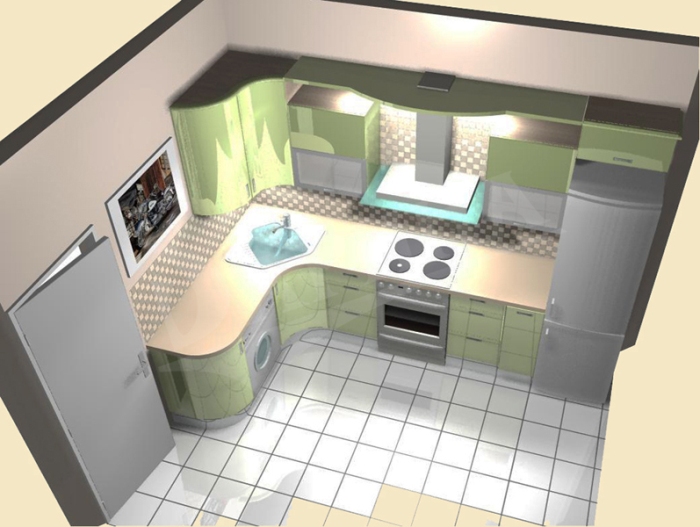 virtuves ar veļas mašīnu un ledusskapi.