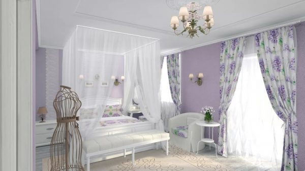 un velo di cotone bianco come la neve con l'immagine della lavanda è in grado di dare calore alla camera da letto e riempirlo con l'aroma dei fiori.