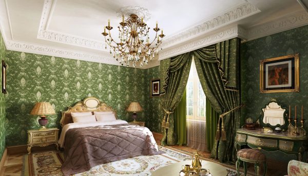 La chambre de style classique a l'air calme, élégante, harmonieuse et spacieuse.