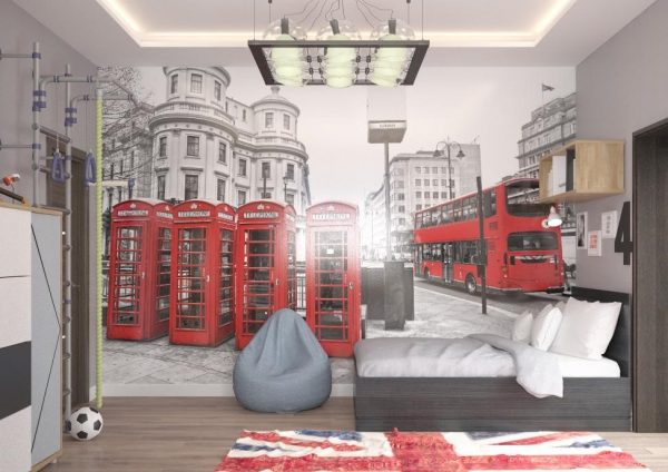 La conception d’une chambre d’enfant à l’anglaise ne peut avoir qu’une seule tache de couleur: le papier peint avec vue sur Londres.