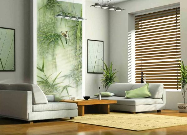 Eco wallpaper untuk ruang tamu dalam gaya eko
