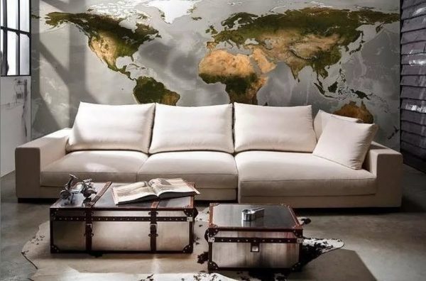 Another fashionable novelty is the wallpaper with the image of geographical maps. Most popular with a light scuff effect.