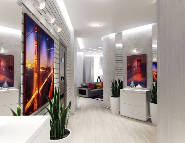 Wall mural in the hallway with bright doors