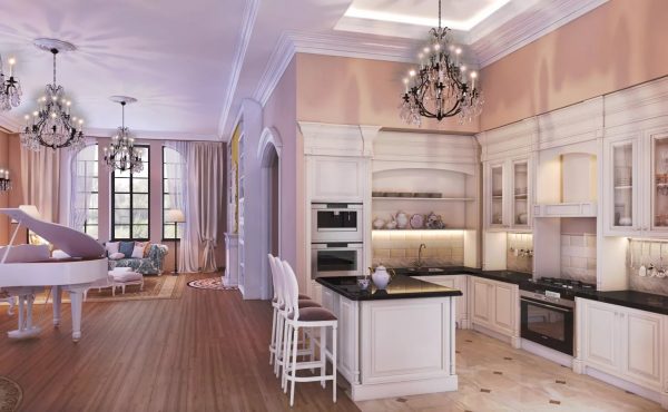 Afin de créer une zone visuelle supplémentaire, il est recommandé de choisir un revêtement de sol différent pour la cuisine et le salon.