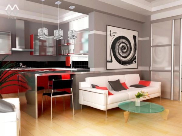 Pour séparer la cuisine du salon, vous pouvez utiliser des meubles, des cloisons, des comptoirs de bar et même des accessoires.